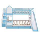 Full-Over-Full Castle Style Bunk Bed with 2 Drawers 3 Shelves and Slide - Blue