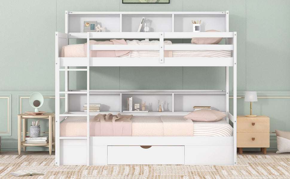Twin Size Bunk Bed with Built-in Shelves Beside both Upper and Down Bed and Storage Drawer,White - Home Elegance USA