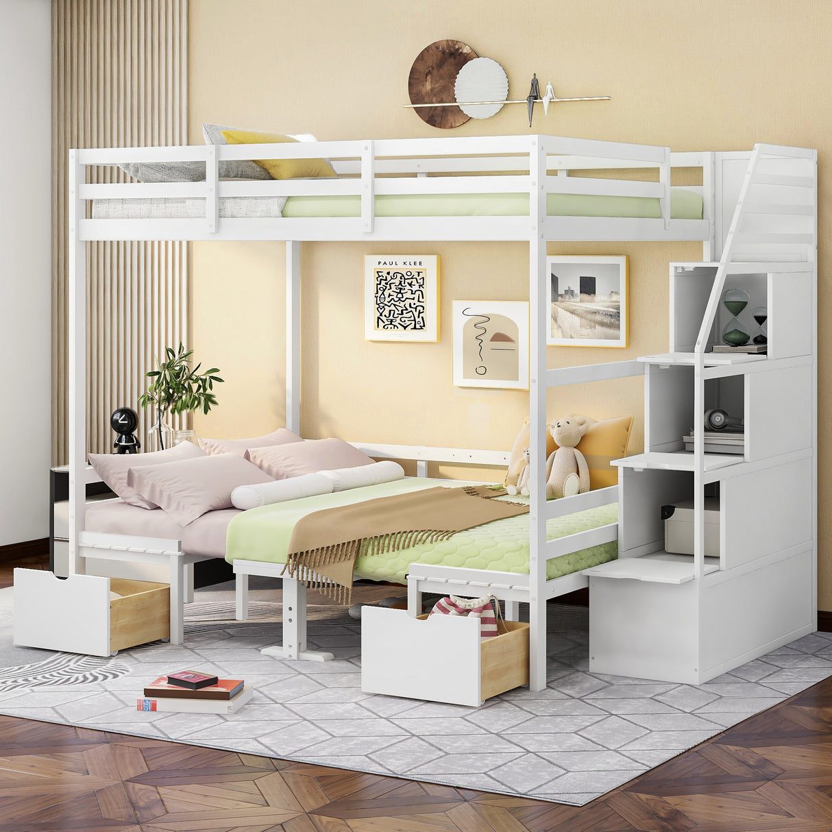 Full over Full Size Bunk Bed with staircase,the Down Bed can be Convertible to Seats and Table Set,White - Home Elegance USA