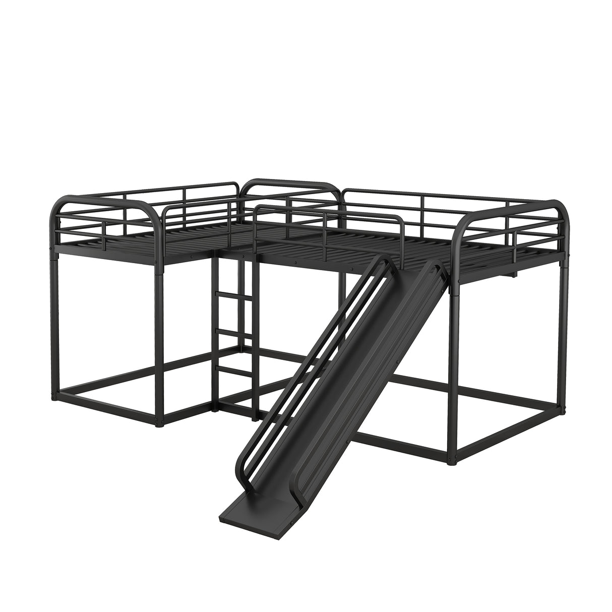 Full and Twin Size L-Shaped Bunk Bed with Slide and Short Ladder, Black - Home Elegance USA