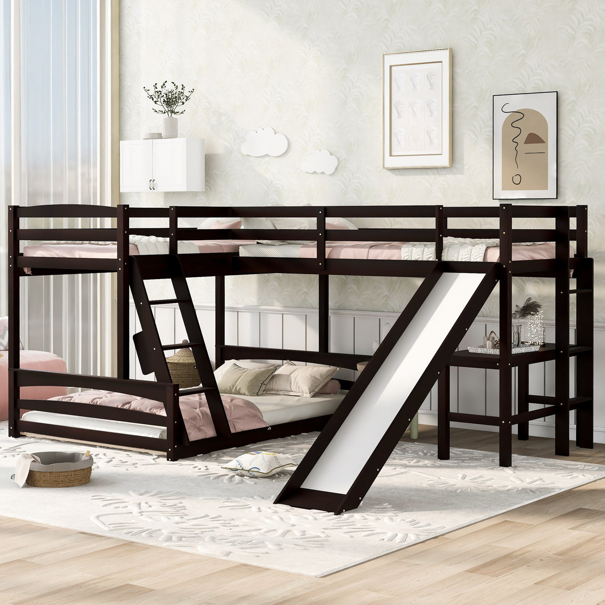 Twin over Full Bunk Bed with Twin Size Loft Bed with Desk and Slide,Full-Length Guardrail, Espresso - Home Elegance USA