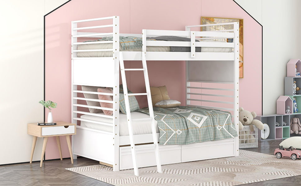 Twin over Twin Wood Bunk Bed with Two Drawers - White - Home Elegance USA