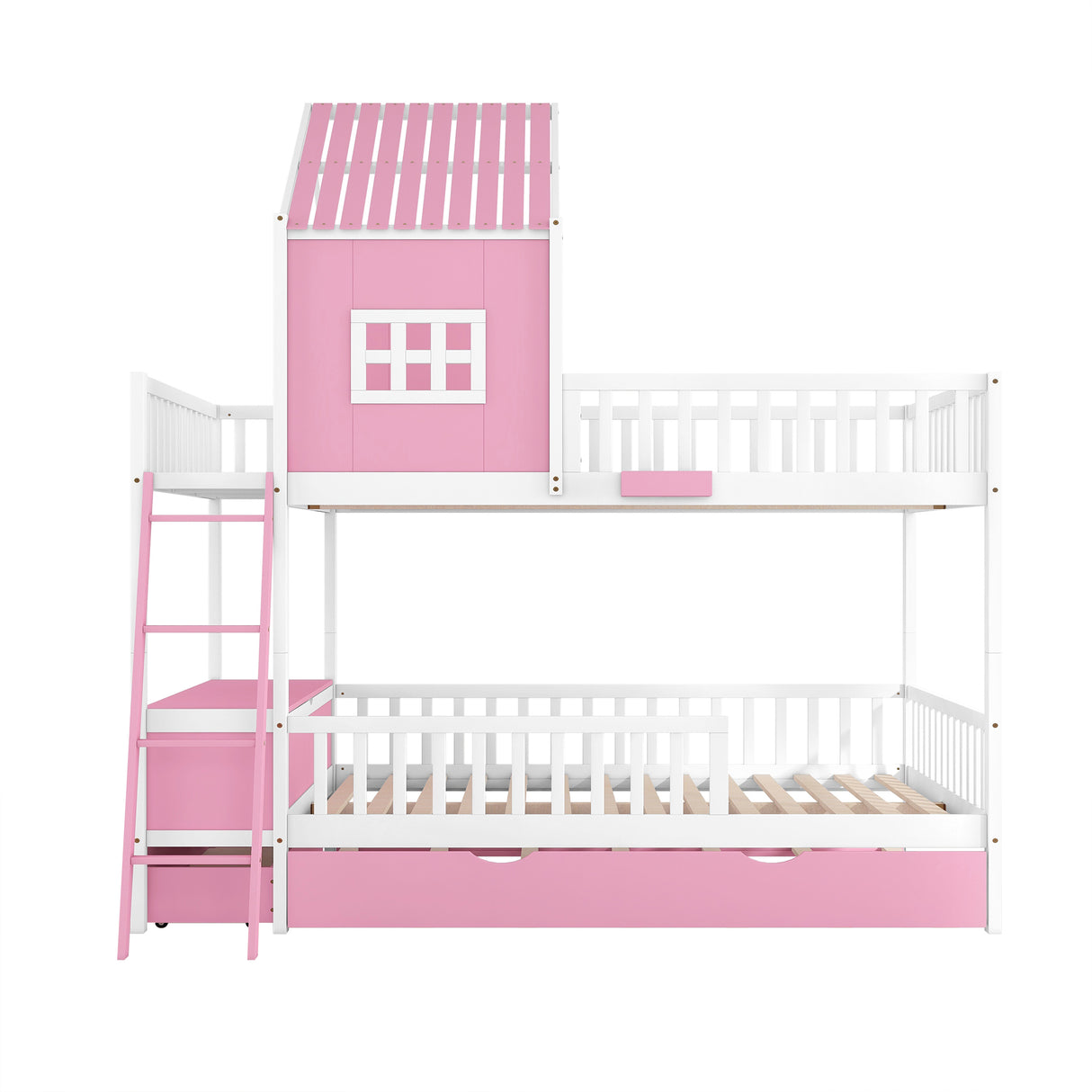 Full over Full Bunk Bed with Twin Size Trundle , Farmhouse Bed with Storage Box and Drawer - Pink - Home Elegance USA