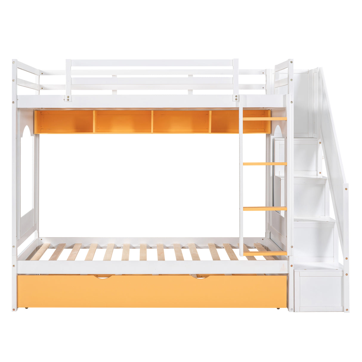 Twin Over Twin Bunk Bed with Trundle ,Stairs,Ladders Solid Wood Bunk bed with Storage Cabinet （White + Yellow） - Home Elegance USA