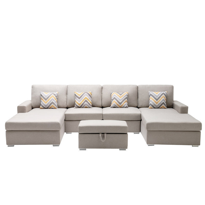 Nolan Beige Linen Fabric 5Pc Double Chaise Sectional Sofa with Interchangeable Legs, Storage Ottoman, and Pillows - Home Elegance USA