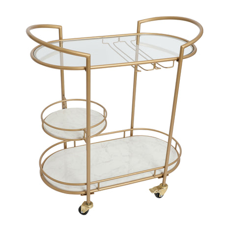 30 Inch 3 Tier Bar Cart with Matte Gold Metal Frame, White Marble and Glass Shelves - Home Elegance USA