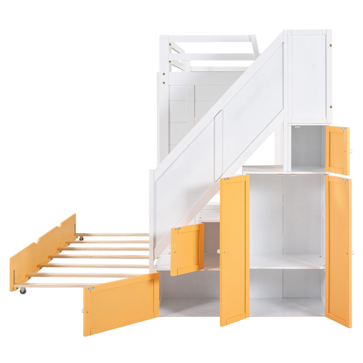 Twin Over Twin Bunk Bed with Trundle ,Stairs,Ladders Solid Wood Bunk bed with Storage Cabinet （White + Yellow） - Home Elegance USA