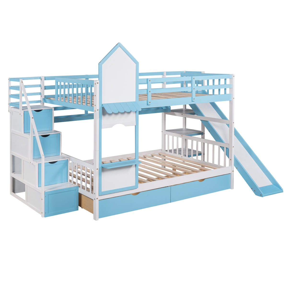 Full-Over-Full Castle Style Bunk Bed with 2 Drawers 3 Shelves and Slide - Blue