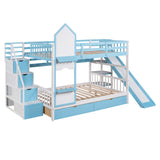 Full-Over-Full Castle Style Bunk Bed with 2 Drawers 3 Shelves and Slide - Blue