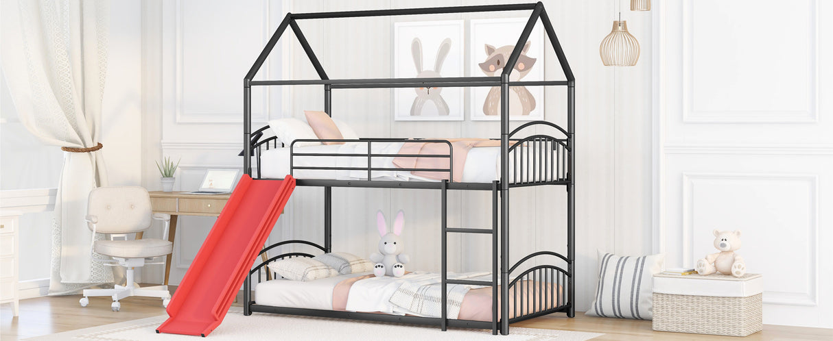 Twin Over Twin Metal Bunk Bed With Slide,Kids House Bed Black+Red - Home Elegance USA