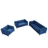 Modern 3-Piece Sofa Sets with Sturdy Metal Legs,Velvet Upholstered Couches Sets Including Three Seat Sofa, Loveseat and Single Chair for Living Room Furniture Set,Blue Home Elegance USA