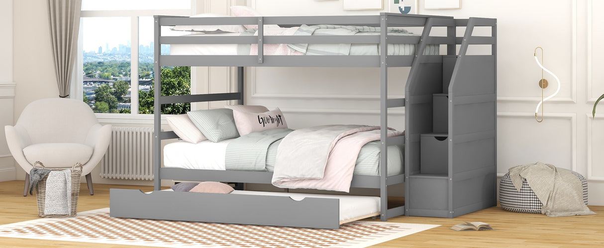 Full-over-Full Bunk Bed with Twin Size Trundle and 3 Storage Stairs,Gray - Home Elegance USA