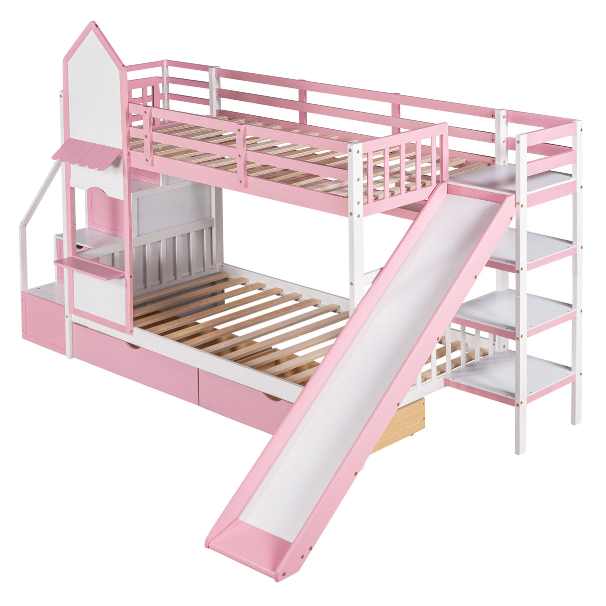 Twin-Over-Twin Castle Style Bunk Bed with 2 Drawers 3 Shelves and Slide - Pink