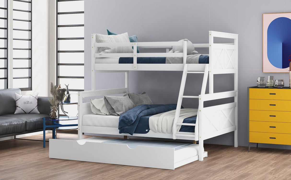 Twin over Full Bunk Bed with Ladder, Twin Size Trundle, Safety Guardrail, White - Home Elegance USA