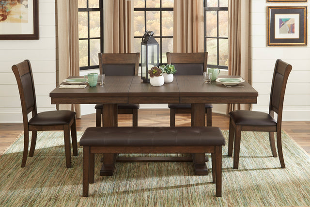 Transitional 6pc Dining Set Table with Self-Storing Leaf Bench Upholstered 4x Side Chairs Light Rustic Brown Finish Dining Room Furniture - Home Elegance USA