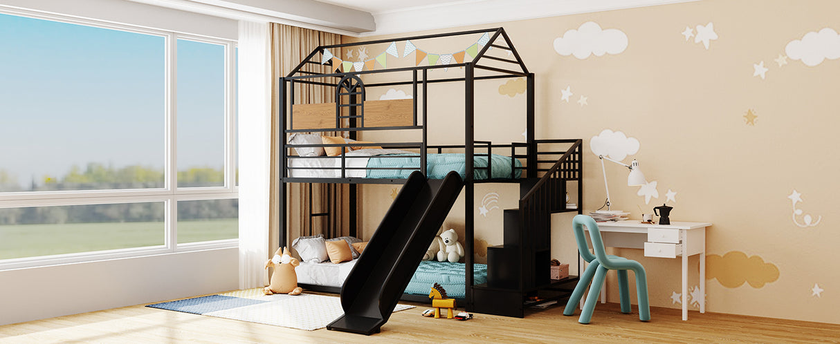 Twin Over Twin Metal Bunk Bed ,Metal Housebed with Slide and Storage Stair,Black with Black Slide(OLD SKU:LP000195AAB) - Home Elegance USA