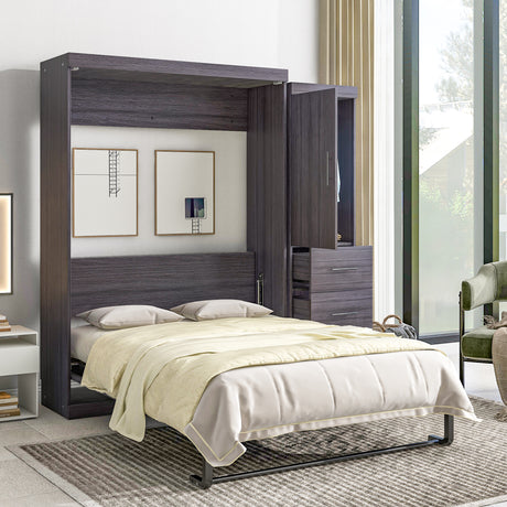 Full Size Murphy Bed with Wardrobe and Drawers, Storage Bed, can be Folded into a Cabinet, Gray - Home Elegance USA