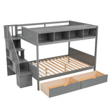 Twin over Full Bunk Bed with Shelfs, Storage Staircase and 2 Drawers, Gray - Home Elegance USA