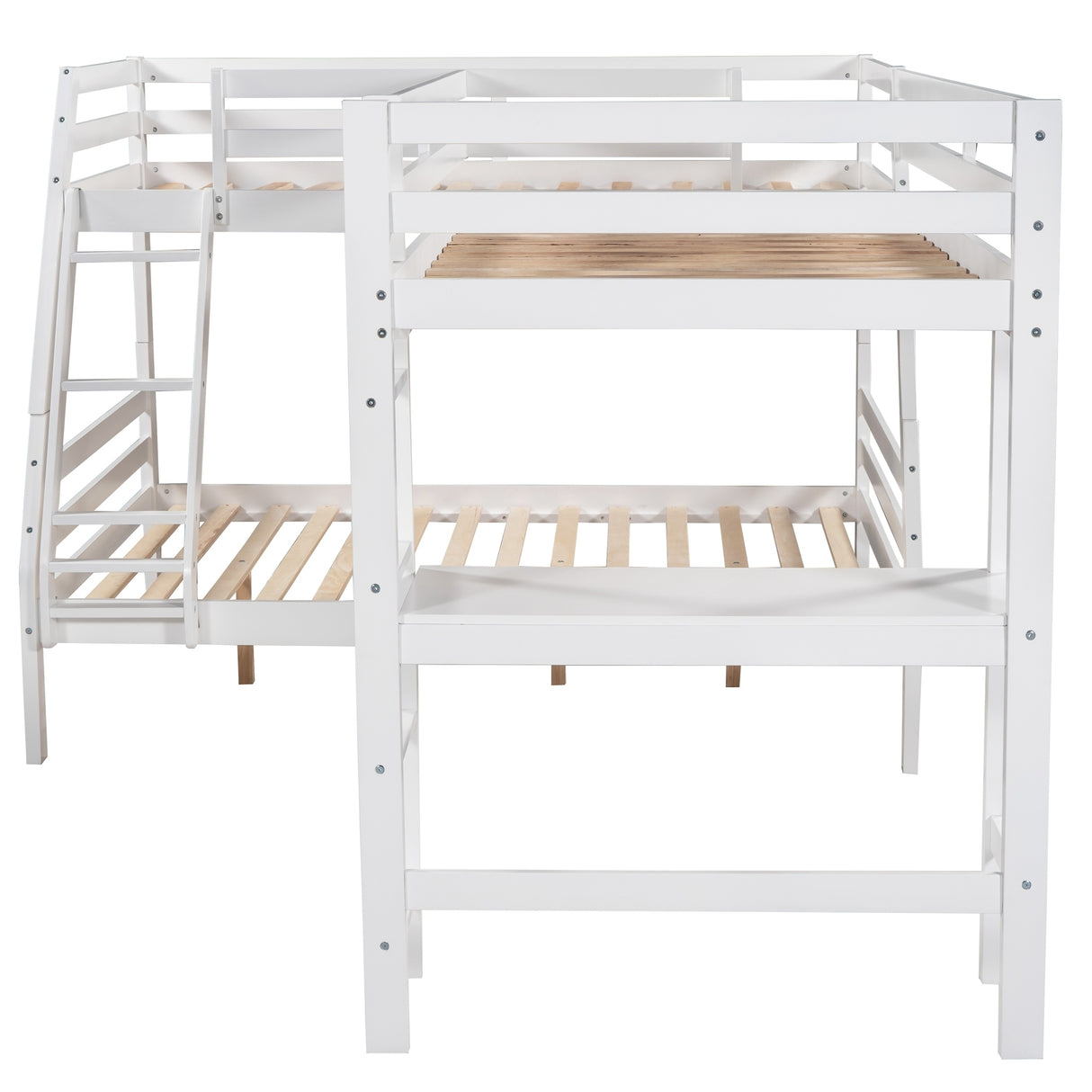 L-Shaped Twin over Full Bunk Bed and Twin Size Loft Bed with Built-in Desk,White - Home Elegance USA