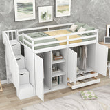 Functional Loft Bed with 3 Shelves, 2 Wardrobes and 2 Drawers,  Ladder with Storage, No Box Spring Needed, White - Home Elegance USA