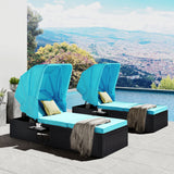 TOPMAX 76.8" Long Reclining Single Chaise Lounge with Cushions,Canopy and Cup Table, Black Wicker+ Blue Cushion, Set of 2