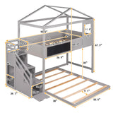 Twin over Full House Bunk Bed with Storage Staircase and Blackboard,Grey - Home Elegance USA