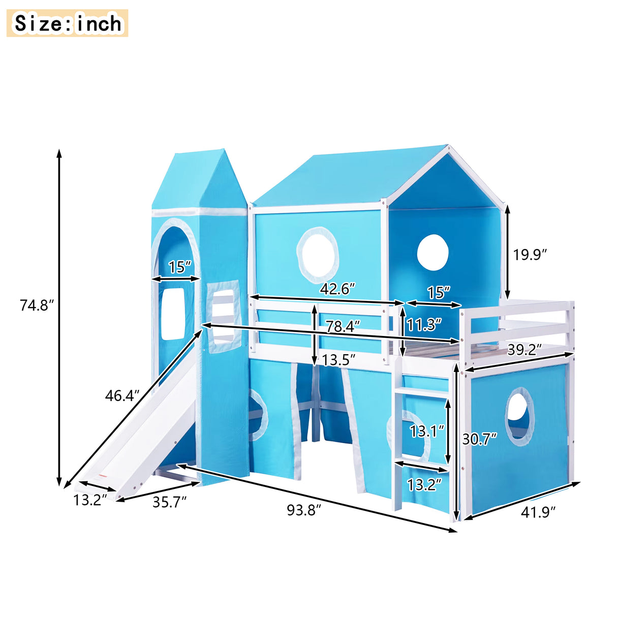 Twin Size Bunk Bed with Slide Blue Tent and Tower - Blue - Home Elegance USA