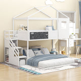 Twin over Full House Bunk Bed with Storage Staircase and Blackboard,White - Home Elegance USA