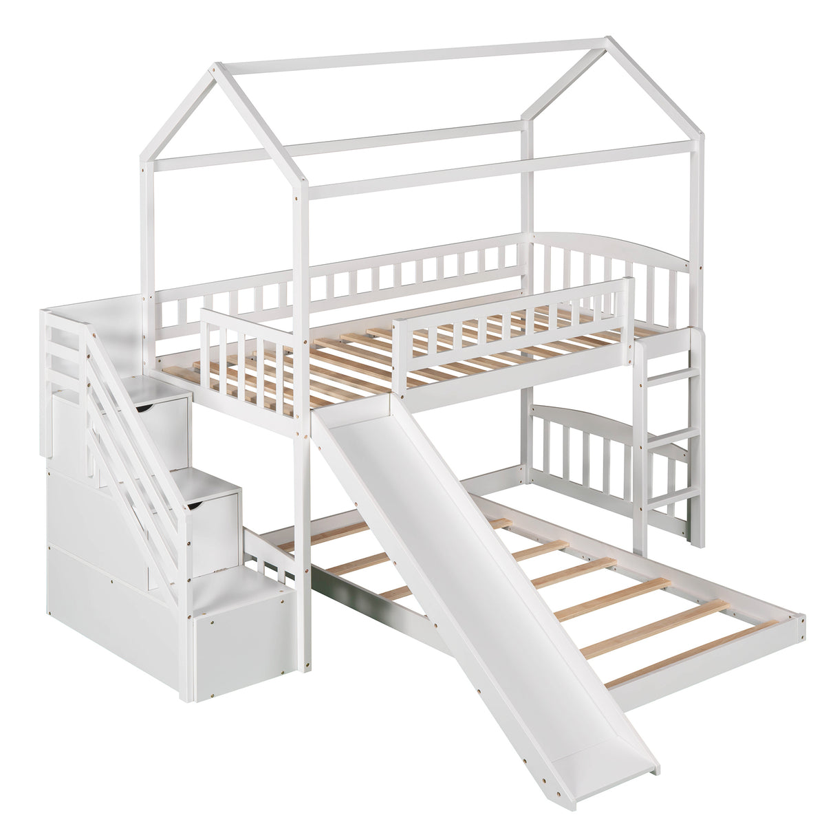 Twin Over Twin Bunk Bed with Two Drawers and Slide, House Bed with Slide, White(OLD SKU :LP000129AAK) - Home Elegance USA