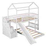 Twin Over Twin Bunk Bed with Two Drawers and Slide, House Bed with Slide, White(OLD SKU :LP000129AAK) - Home Elegance USA