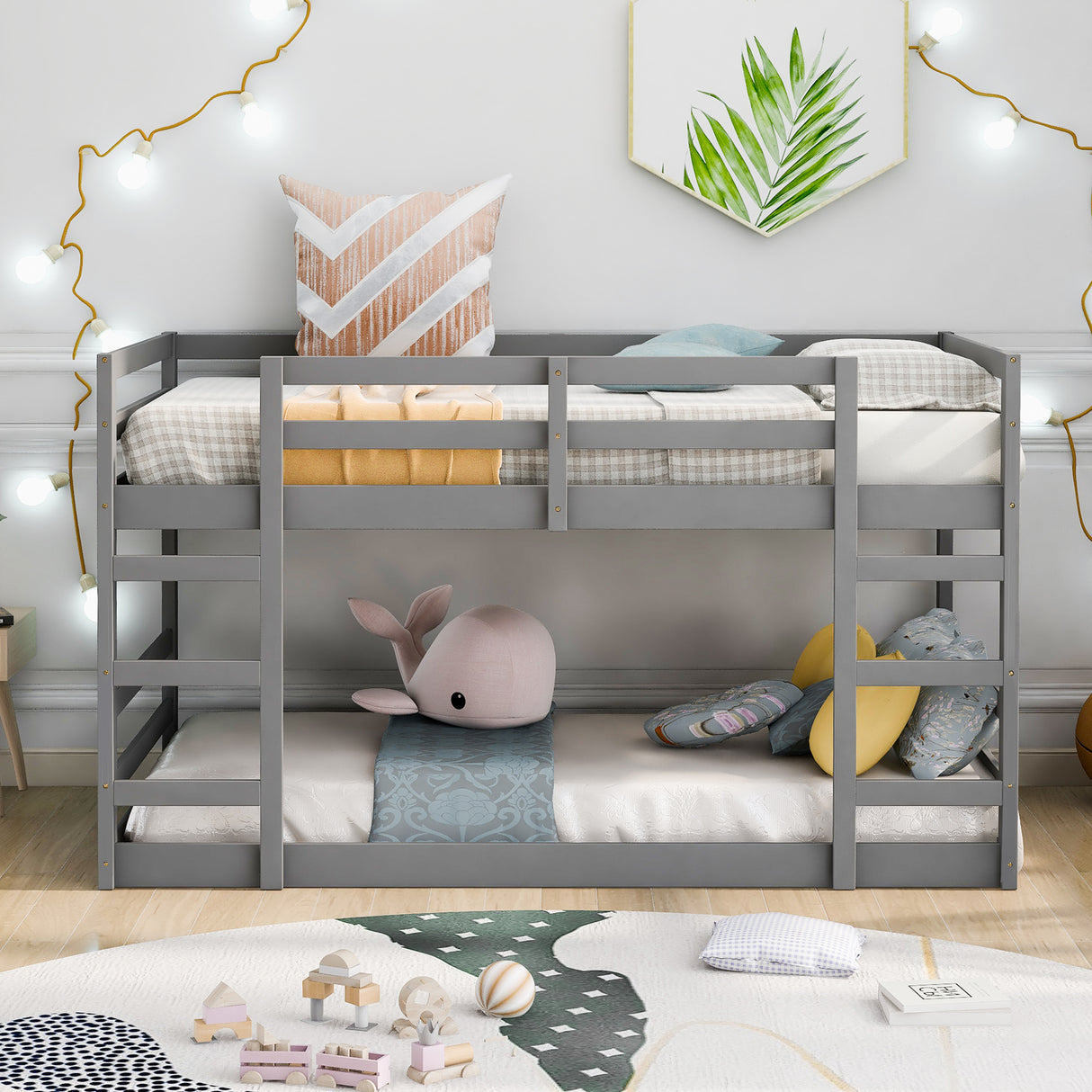 Twin Over Twin Bunk Bed with Ladder, Gray（OLD SKU：WF282787AAE） - Home Elegance USA