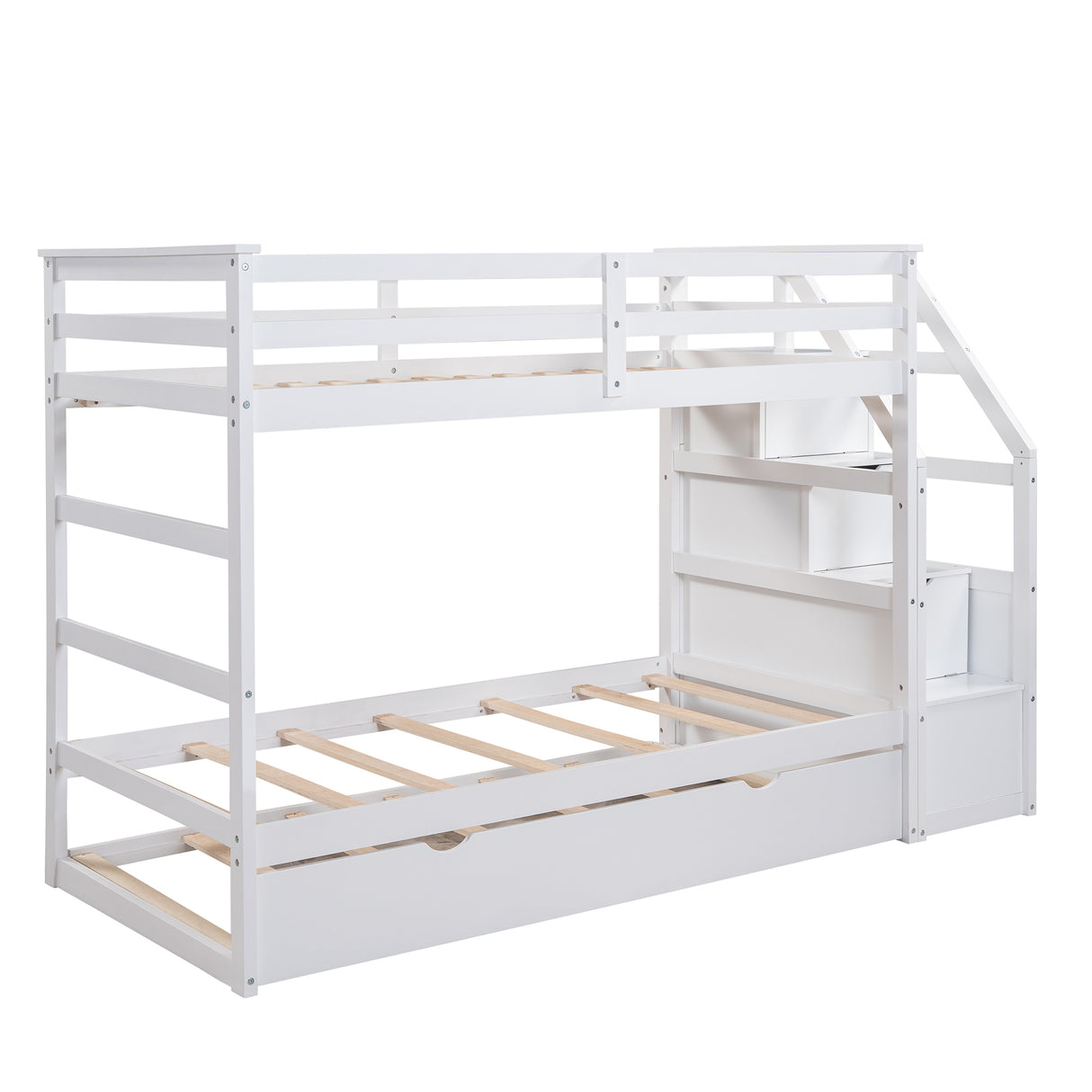 Twin-Over-Twin Bunk Bed with Twin Size Trundle and 3 Storage Stairs,White(OLD SKU :LP000064AAK) - Home Elegance USA