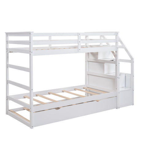 Twin-Over-Twin Bunk Bed with Twin Size Trundle and 3 Storage Stairs,White(OLD SKU :LP000064AAK)