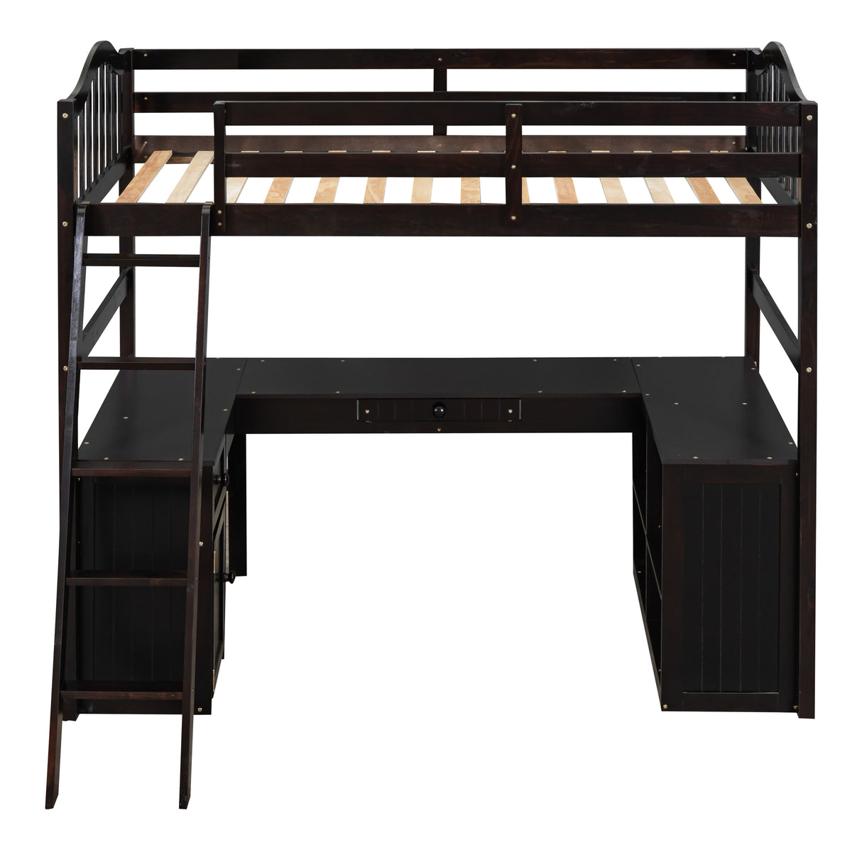 Twin size Loft Bed with Drawers, Cabinet, Shelves and Desk, Wooden Loft Bed with Desk - Espresso(OLD SKU :LT000505AAP) - Home Elegance USA