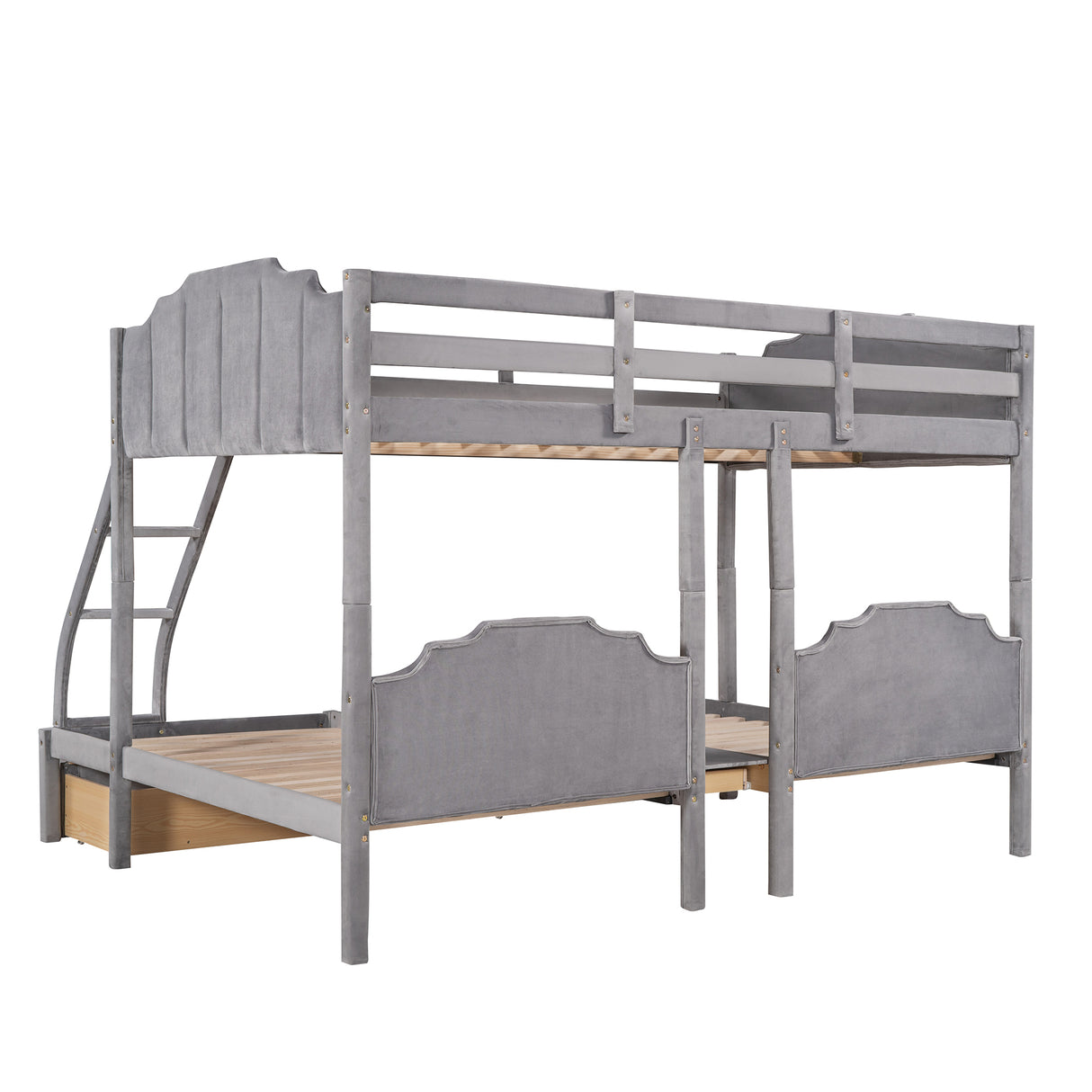 Full Over Twin & Twin Bunk Bed, Velvet Triple Bunk Bed with Drawers and Guardrails, Gray - Home Elegance USA