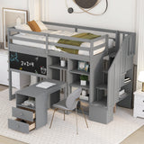 Twin Size Loft Bed with Pullable Desk and Storage Shelves,Staircase and Blackboard,Gray - Home Elegance USA