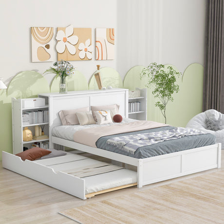 Queen Size Storage Platform Bed with Pull Out Shelves and Twin  XL Size Trundle, White - Home Elegance USA