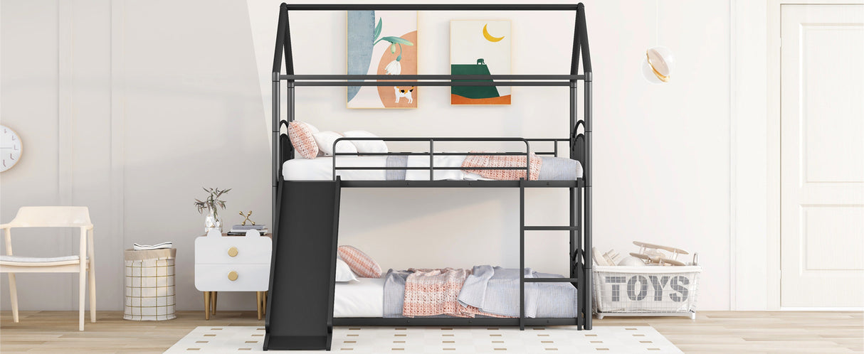 Twin Over Twin Metal Bunk Bed With Slide,Kids House Bed Black - Home Elegance USA