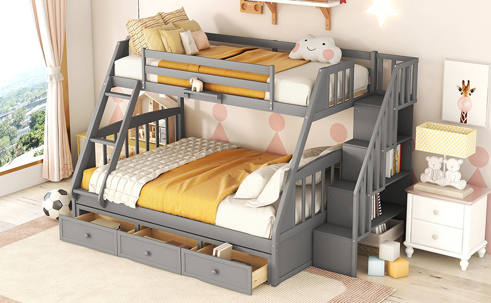 Twin-Over-Full Bunk Bed with Drawers，Ladder and Storage Staircase, Gray - Home Elegance USA