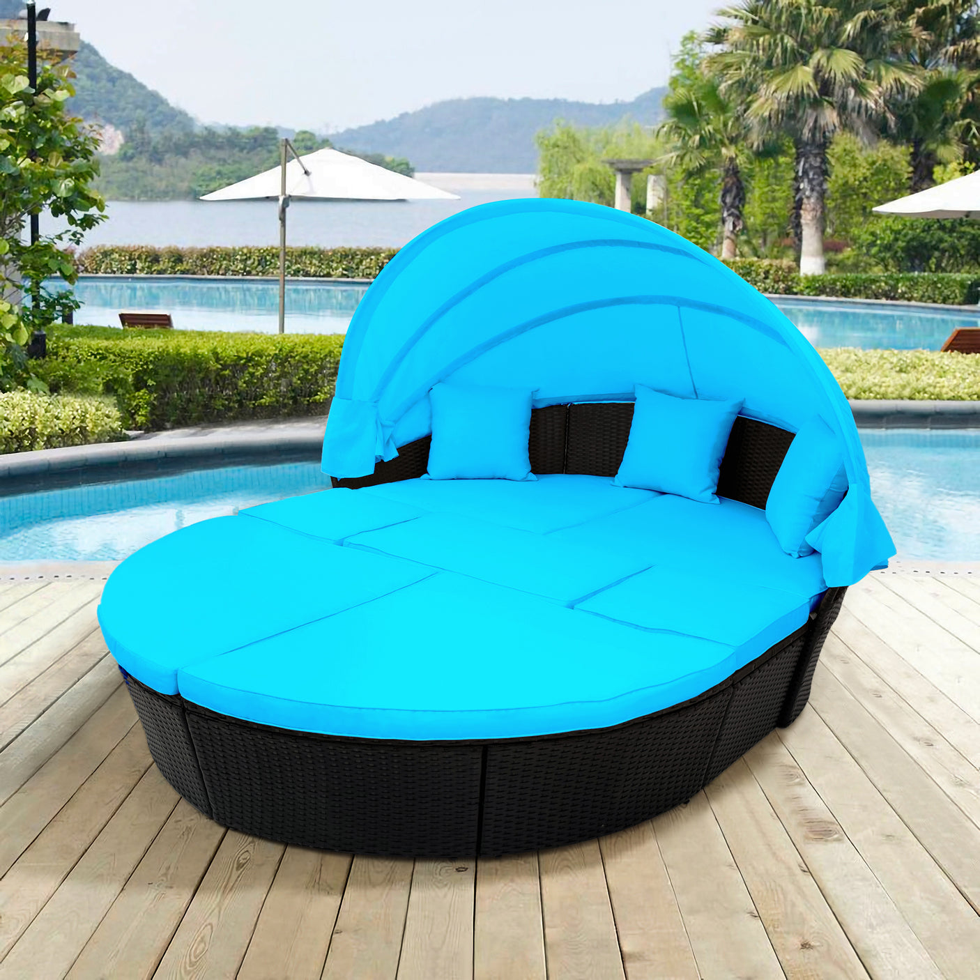 Outdoor rattan daybed sunbed with Retractable Canopy Wicker Furniture, Round Outdoor Sectional Sofa Set, black Wicker Furniture Clamshell  Seating with Washable Cushions, Backyard, Porch, Blue.