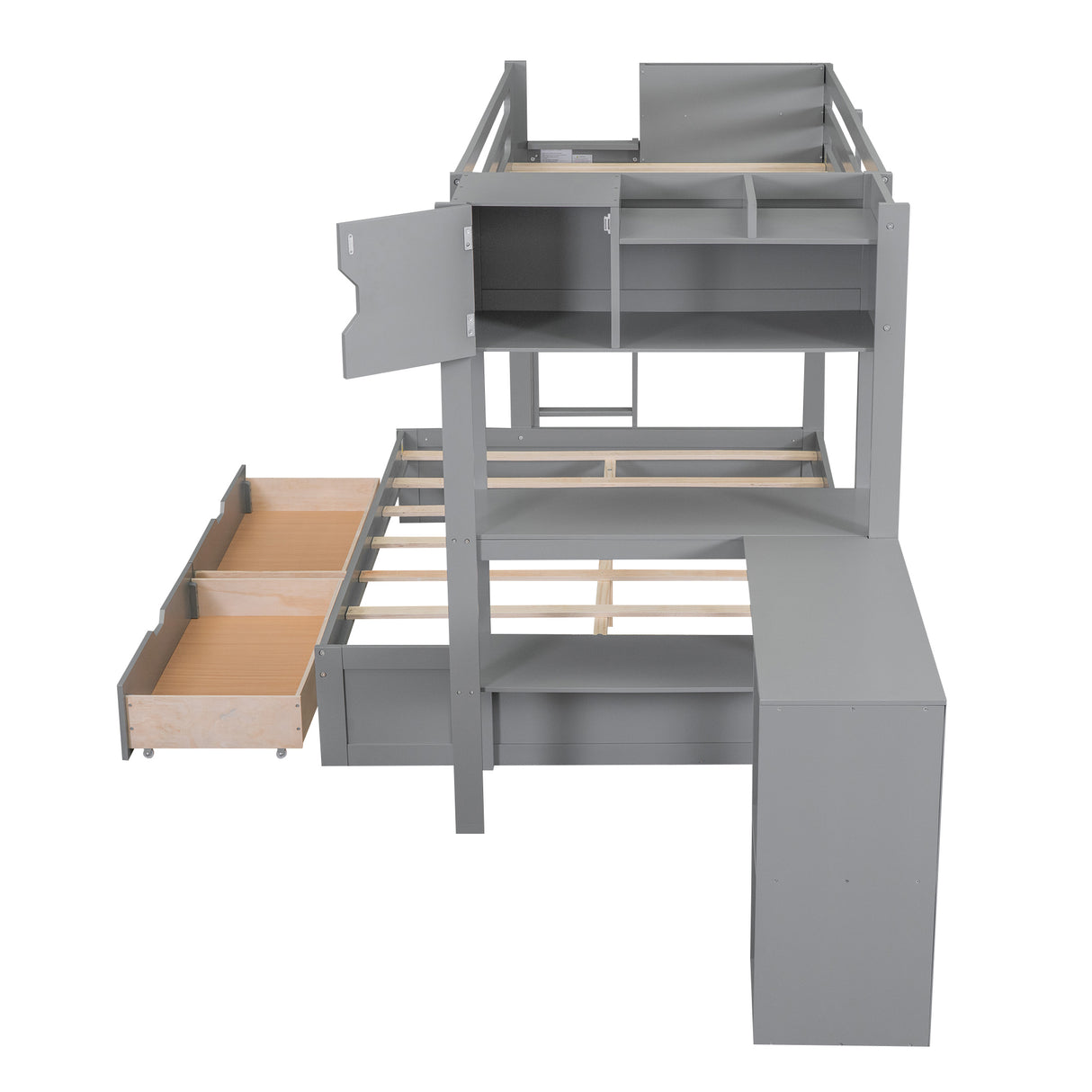 Wood Twin over Full Bunk Bed with Drawers, Shelves, Cabinets, L-shaped Desk and Magazine Holder, Gray - Home Elegance USA