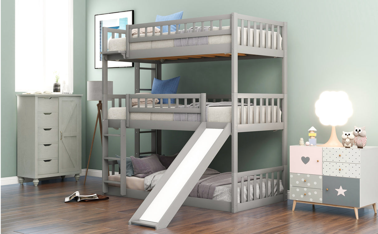 Twin-Over-Twin-Over-Twin Triple Bed with Built-in Ladder and Slide, Triple Bunk Bed with Guardrails, Gray(OLD SKU: LP000051AAE) - Home Elegance USA