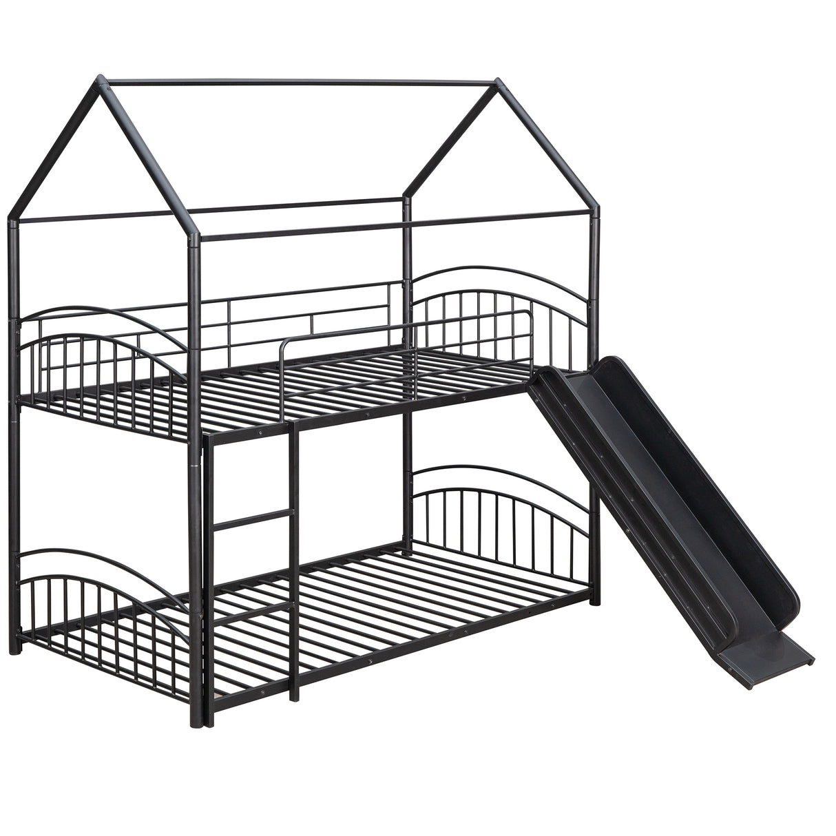 Twin Over Twin Metal Bunk Bed With Slide,Kids House Bed Black - Home Elegance USA