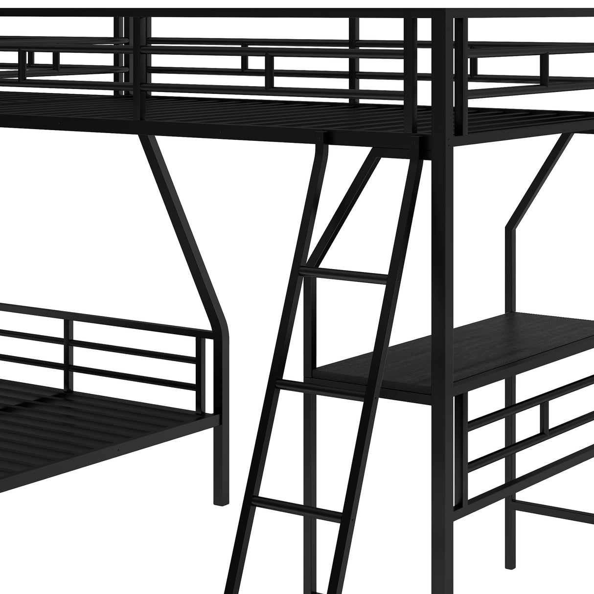 Twin over Full Bunk Bed with a Twin Size Loft Bed attached, with a Desk, Metal, Black - Home Elegance USA