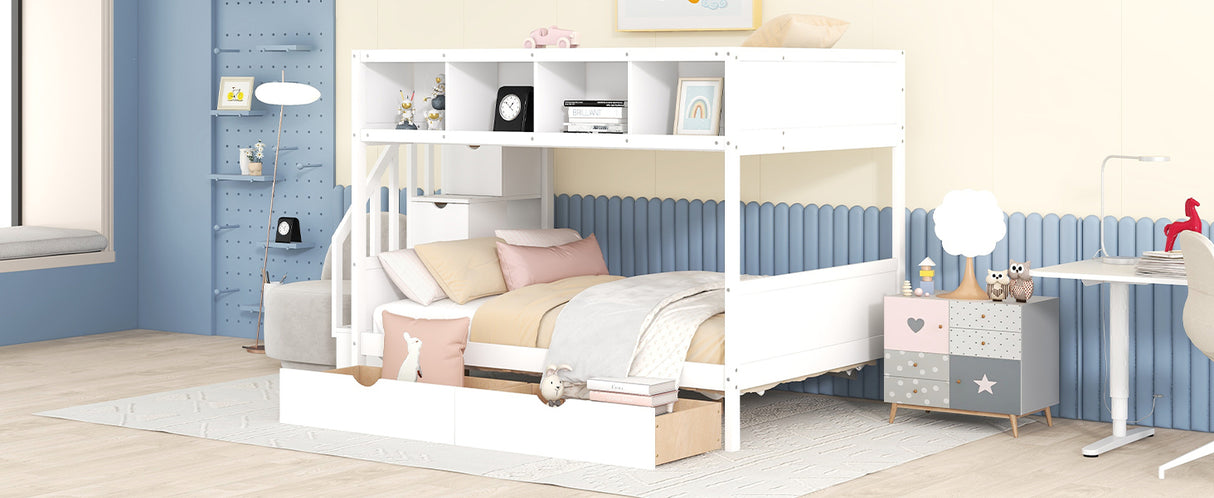 Twin over Full Bunk Bed with Shelfs, Storage Staircase and 2 Drawers, White - Home Elegance USA