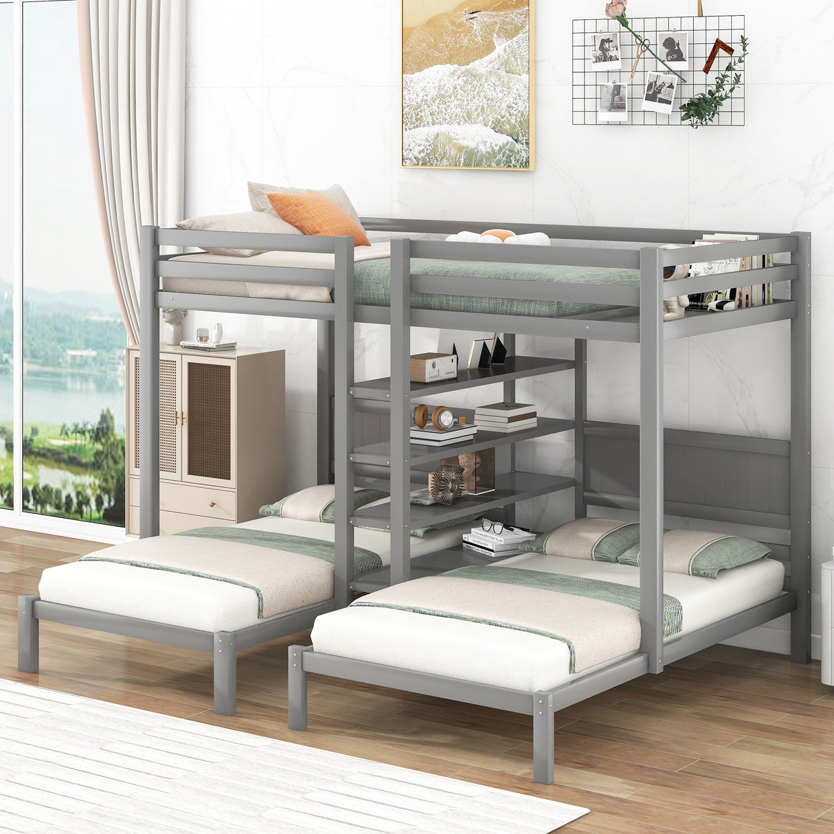 Twin XL over Twin&Twin Bunk Bed with Built-in Four Shelves and Ladder,Gray - Home Elegance USA