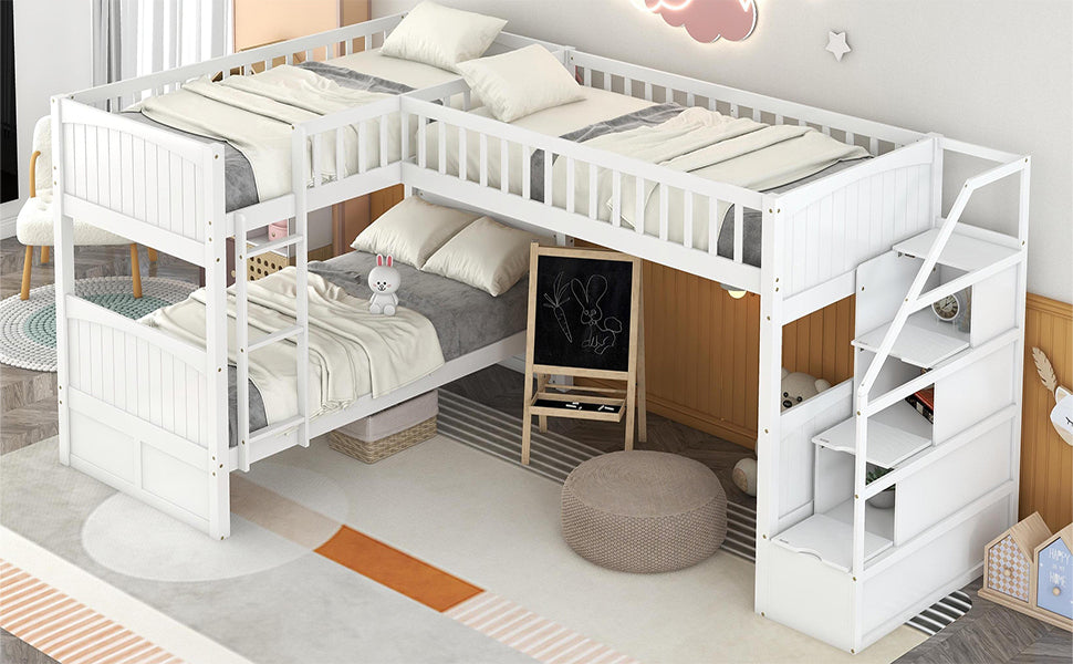 Twin over Twin Wooden L-Shaped Bunk Bed with Ladder and Stairway,White(OLD SKU:SM000303AAK-1) - Home Elegance USA