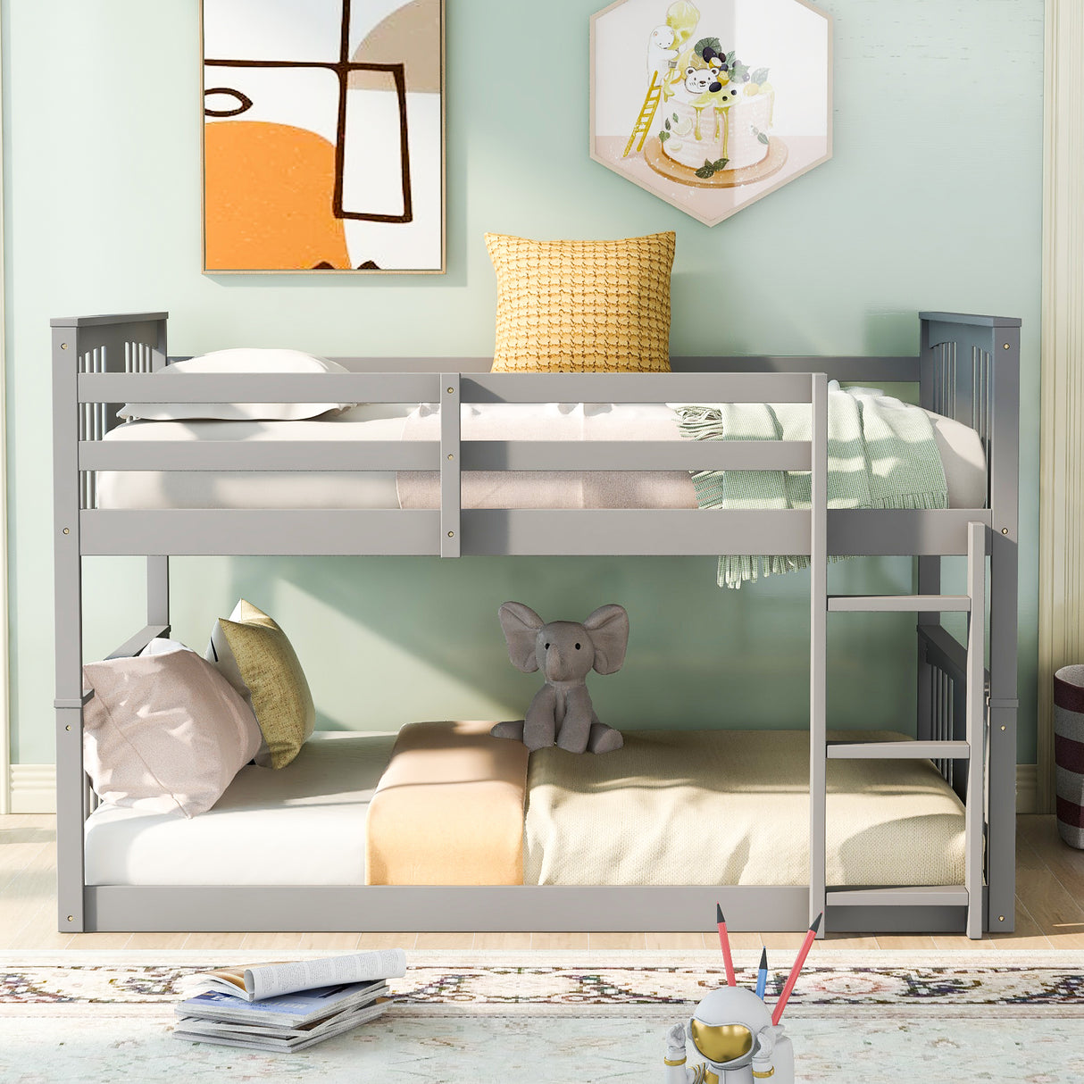 Full Over Full Bunk Bed with Ladder, Gray (Old SKU :LP000207AAE) - Home Elegance USA