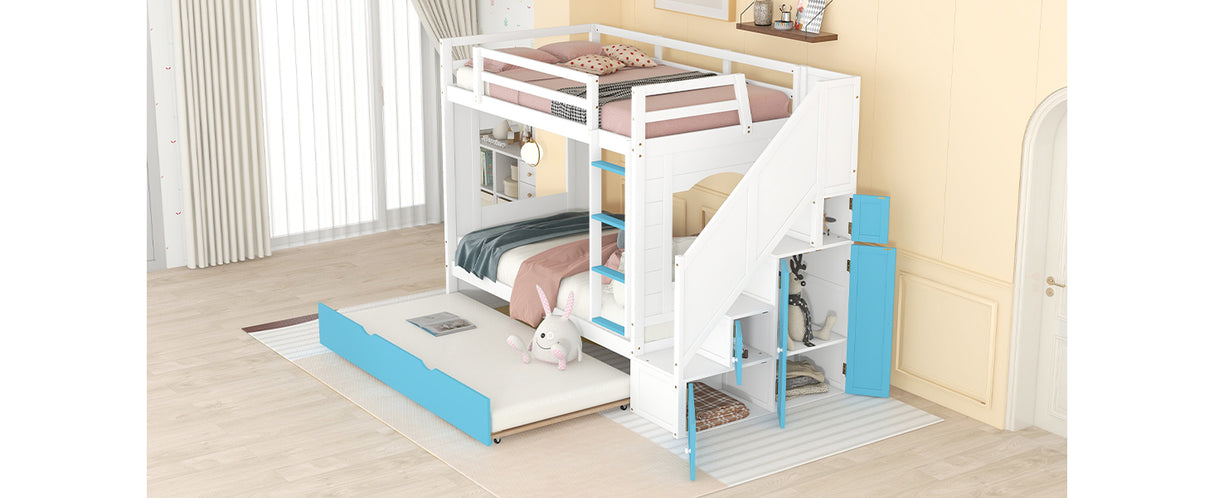 Twin Over Twin Bunk Bed with Trundle ,Stairs,Ladders Solid Wood Bunk bed with Storage Cabinet （White + Blue） - Home Elegance USA