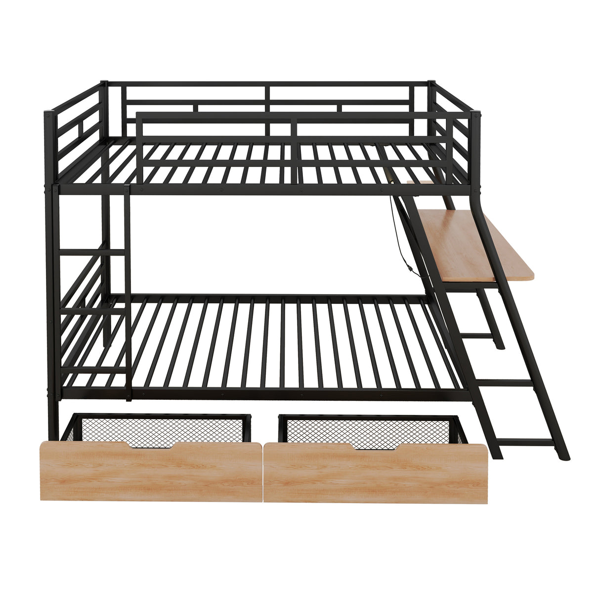 Full Size Metal Bunk Bed with Built-in Desk, Light and 2 Drawers, Black(Expected Arrival Time: 9.18)